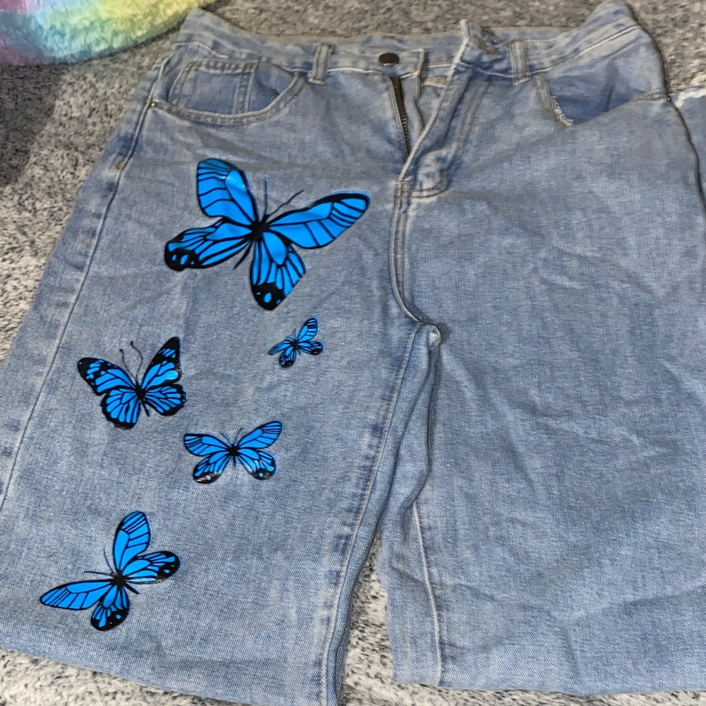 SHEIN Blue Butterfly Boot Cut Jeans